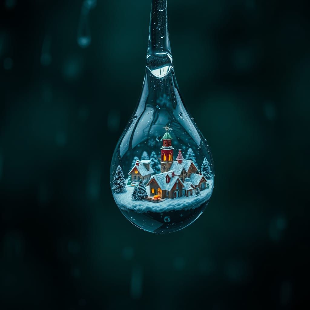 Raindrop Christmas Village: Hyperdetailed Macro Shot