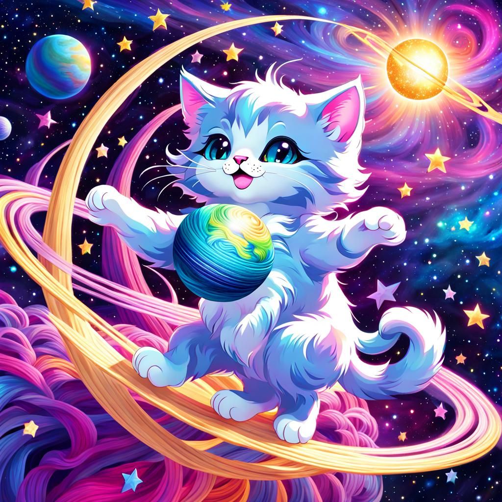 Cosmic Kitten Plays with Yarn Planet in Auroracore Style