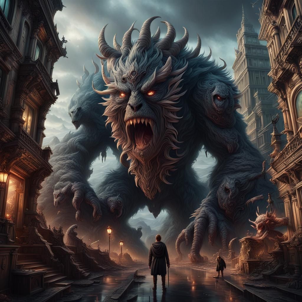 Epic Man Versus Monster Battle in Digital Art