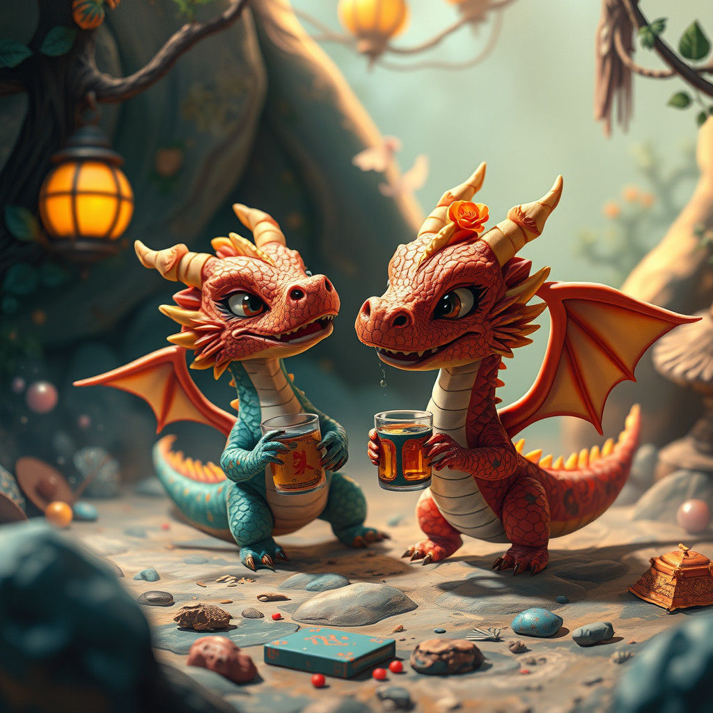 Chibi Dragons in Whimsical Environment, Digital Matte Painti...