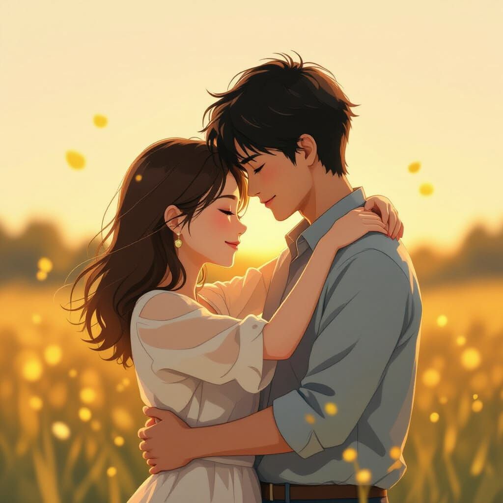 Romantic Couple Embrace in Anime Style Golden Light