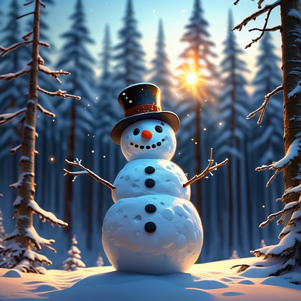 Snowman in Snowy Forest Folk Art Digital Painting