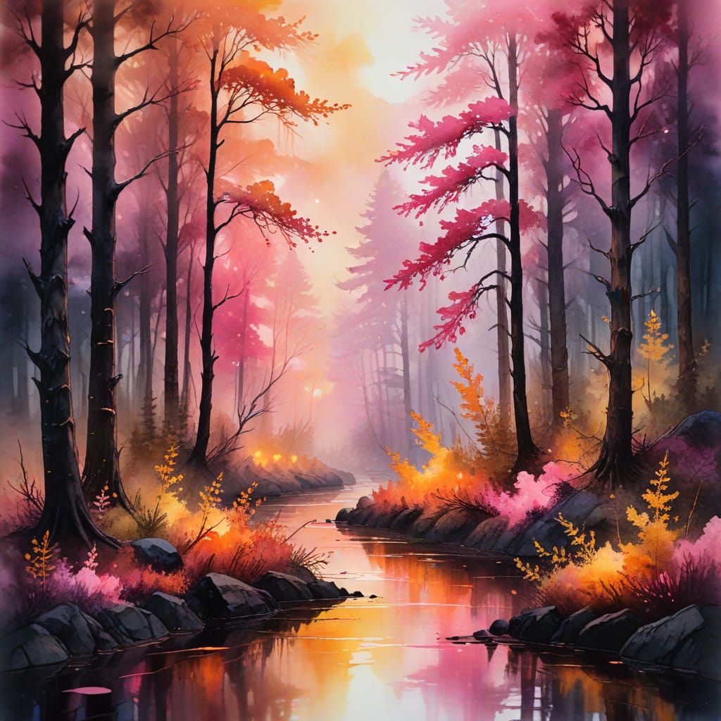 Vibrant Forest Scene in Impasto Style with Visible Strokes