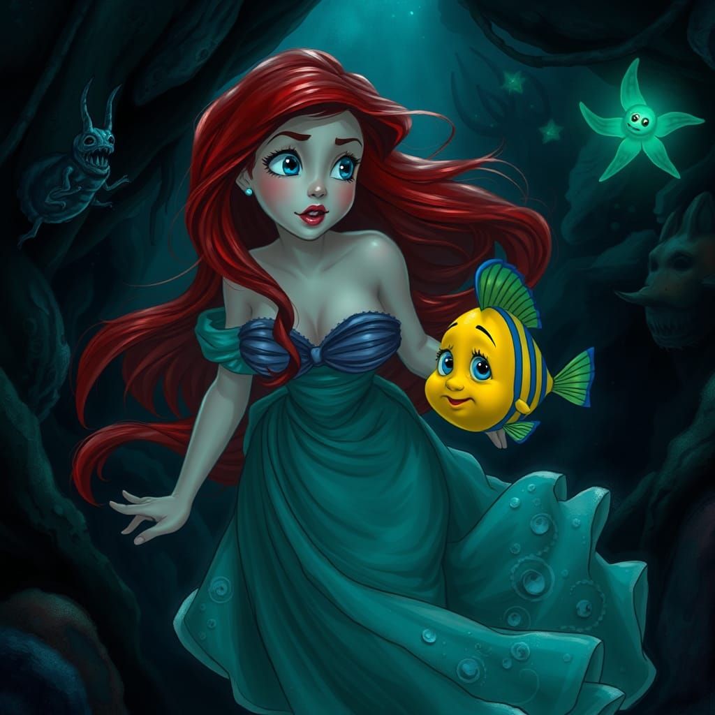 Ariel and Flounder in Dark Underwater Cavern