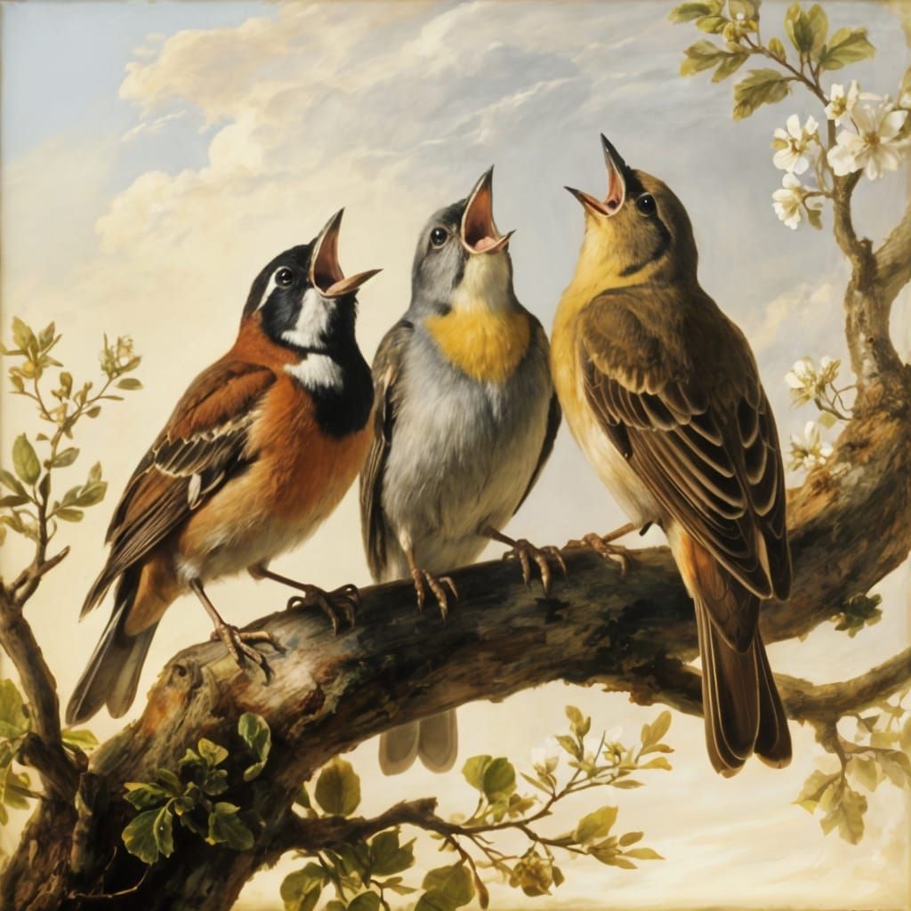 Birds Sing Joyfully After Storm in Baroque Oil Painting