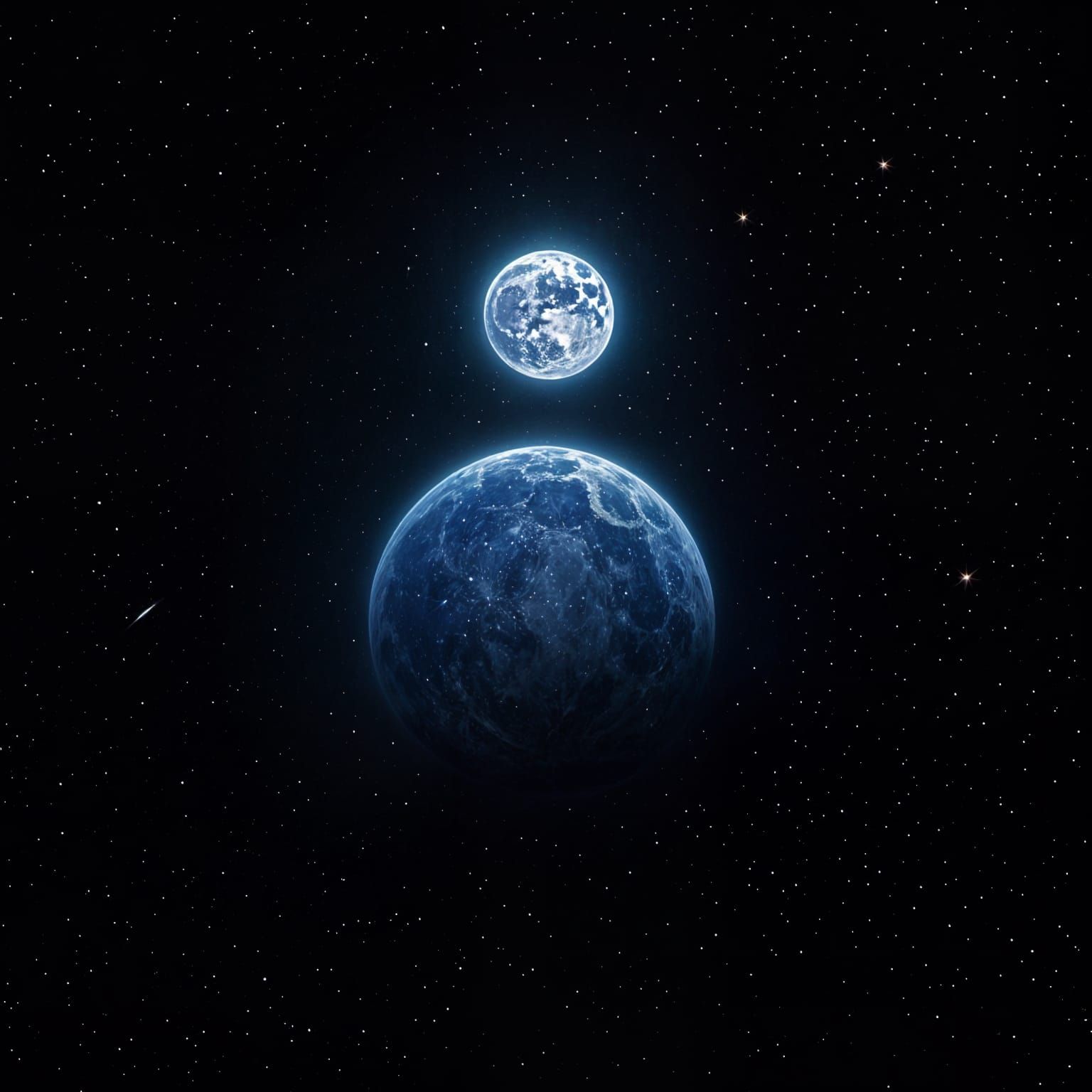 Earth Backlit by Blue Moon in Starry Space