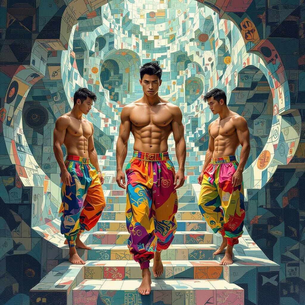 Mystical Labyrinth: Asian Men in Impossible Geometry Art