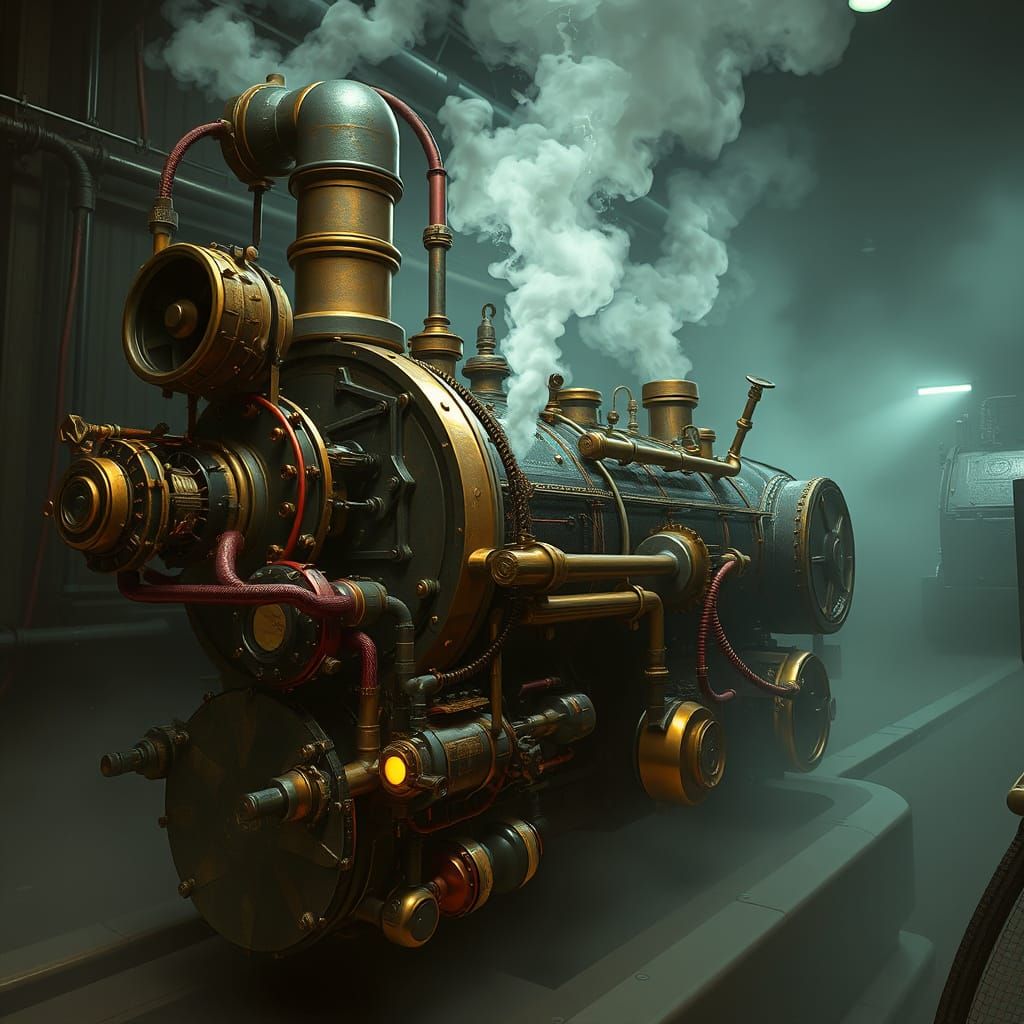 Intricate Steampunk Engine in Foggy Industrial Setting
