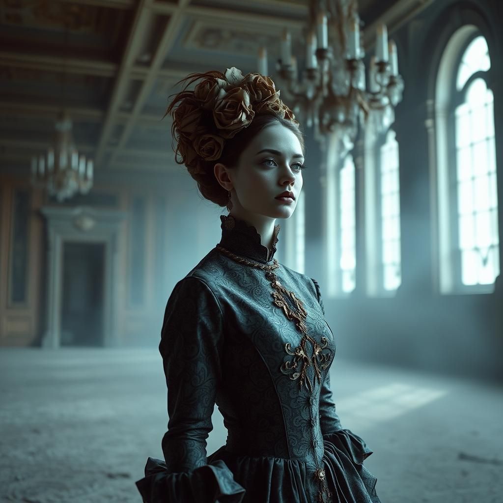 Victorian Woman in Abandoned Ballroom, Digital Art