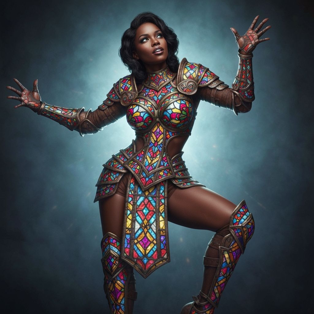 Pinup Warrior Woman in Stained Glass Armor