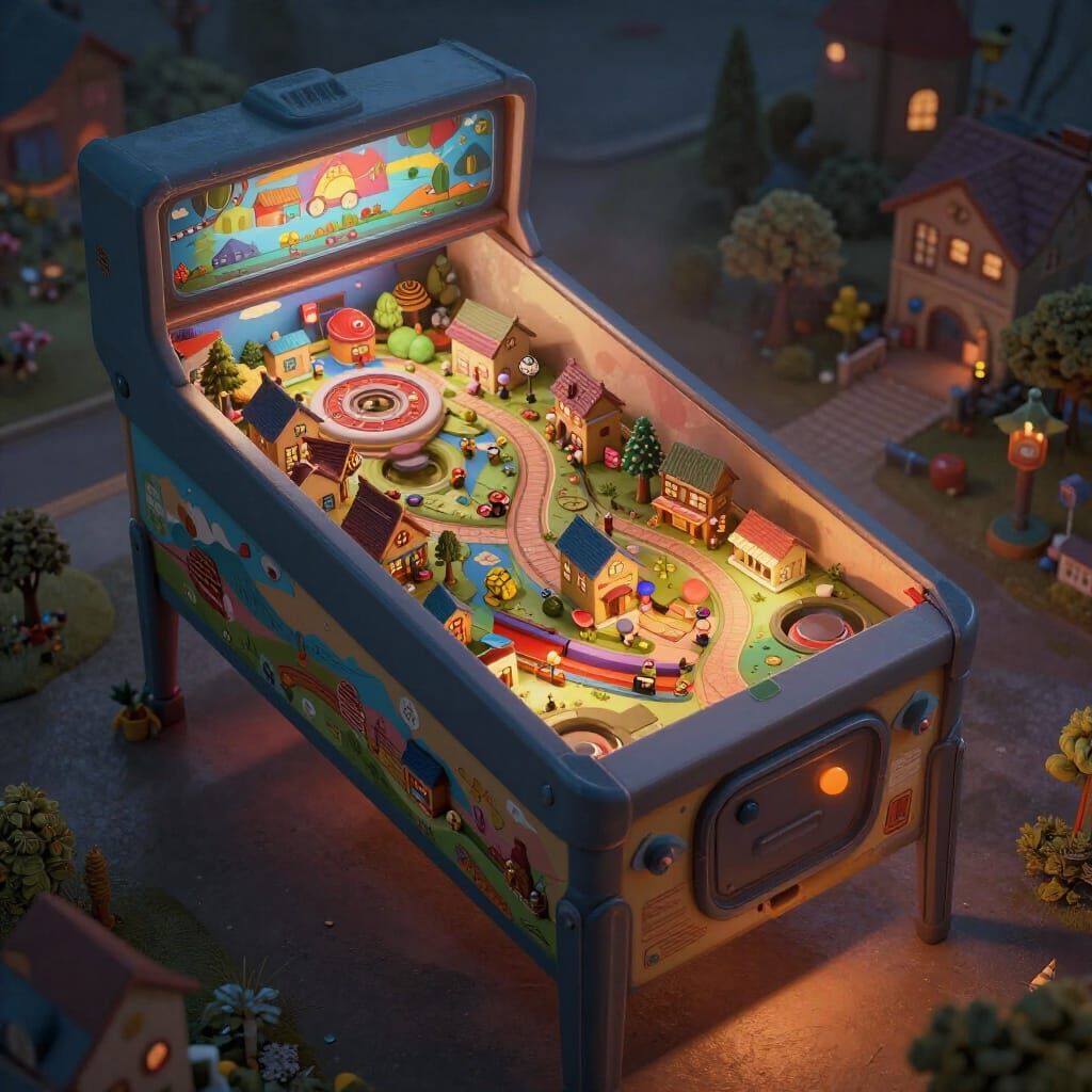 Miniature Village Inside Ornate Pinball Machine