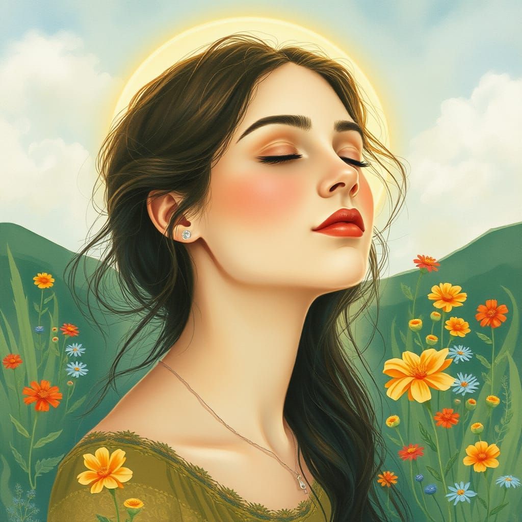 A Serene Woman in a Whimsical Landscape of Greenery and Wild...