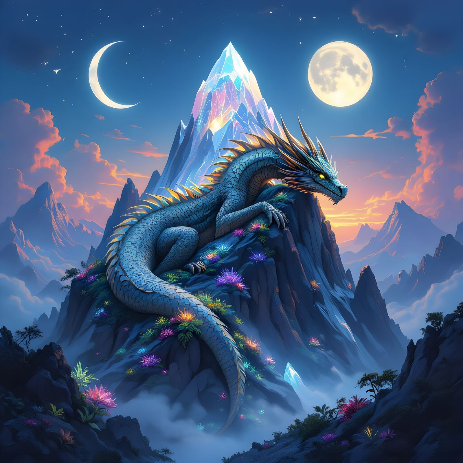 Ancient Dragon Sleeps on Crystal Mountain Under Twilight Sky