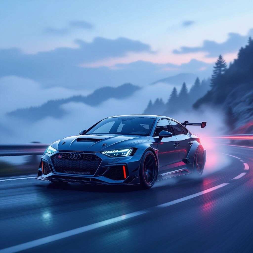 Audi Passat Drifting on Mountain Road in Neon Style