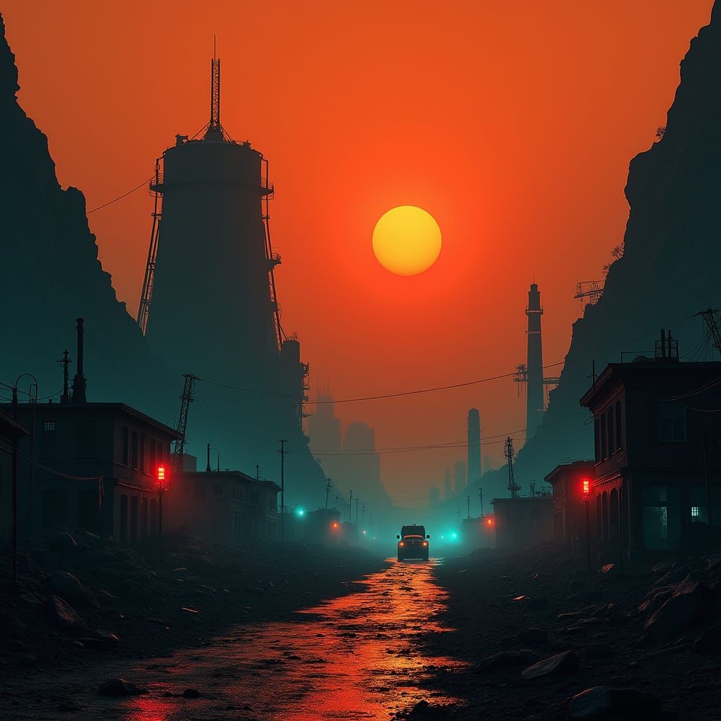 Dystopian Mining Town in Communist Style with Orange Haze