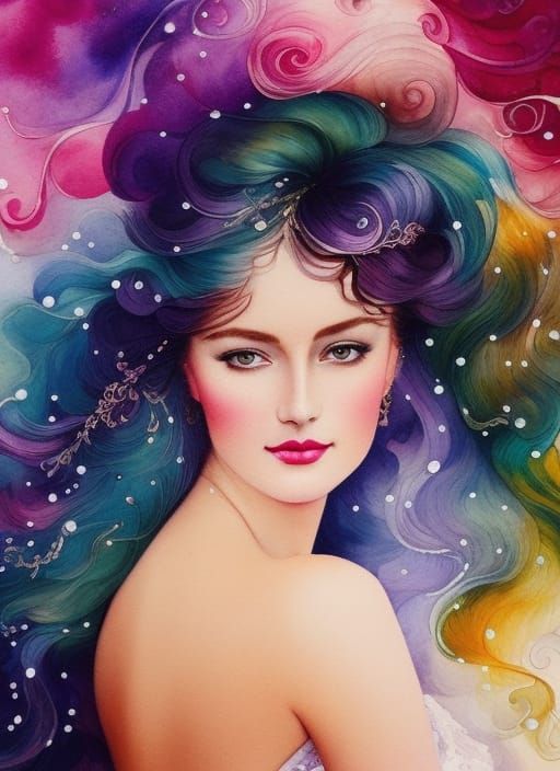 Jane Austen Woman with Rainbow Watercolor Hair