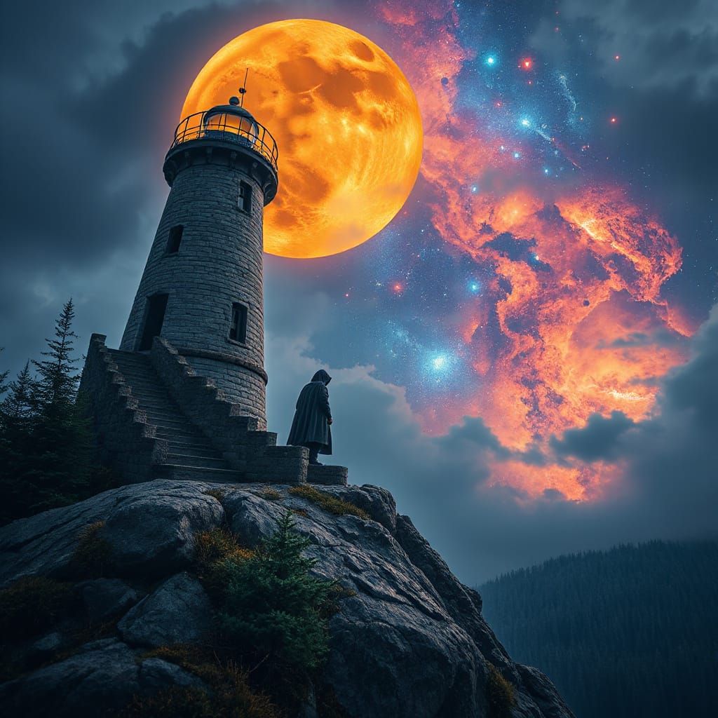 A stunning, surreal fantasy landscape featuring a tall, roun...