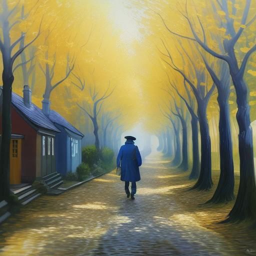 Postman Near Cottage: Impressionist Oil Painting