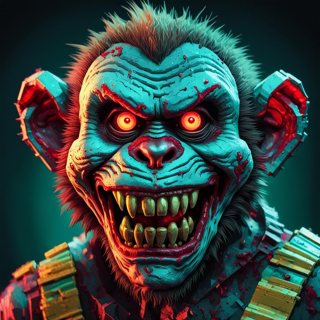 Zombie Monkey Clown Portrait in Neon Sci-Fi