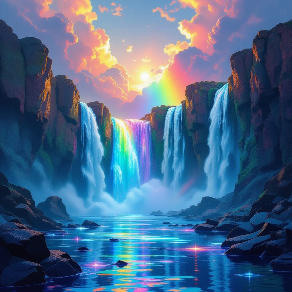 Surreal Waterfall Over Glass Cliffs in Dreamlike Atmosphere