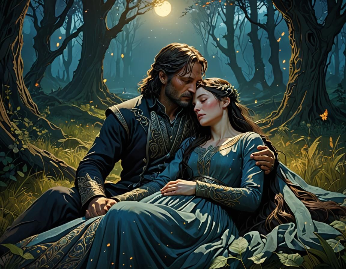 Arwen and Aragorn in Moonlit Forest, Art Nouveau