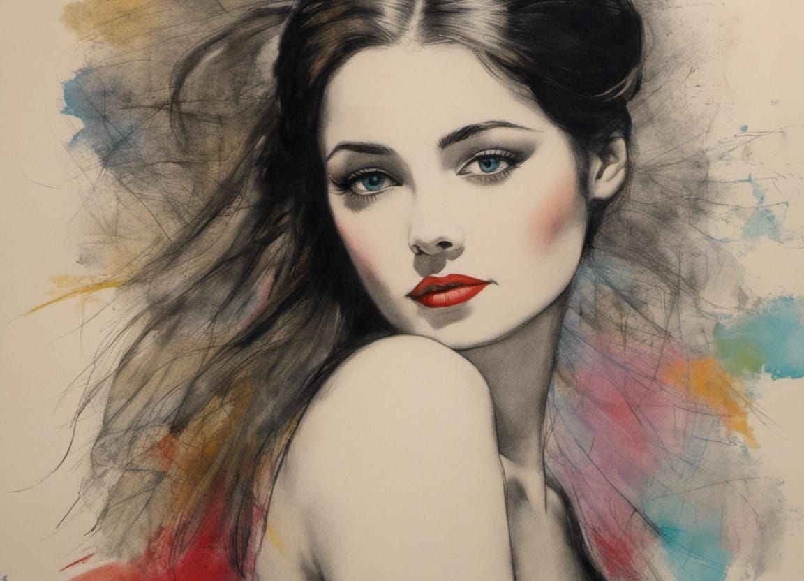 Beautiful Female Portrait in Mixed-Media Style