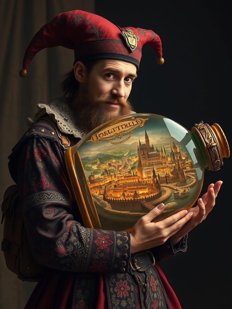 Jester with Bottled Kingdom: Dreamlike Digital Art