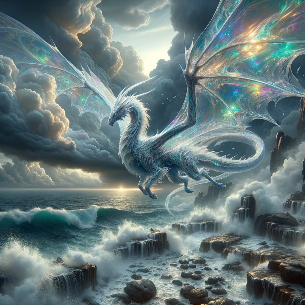 Iridescent Dragon Soaring Over Rocky Seashore