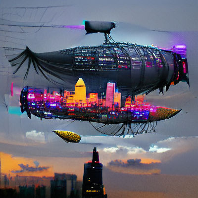 Cyberpunk Blimp Over Neon Cityscape