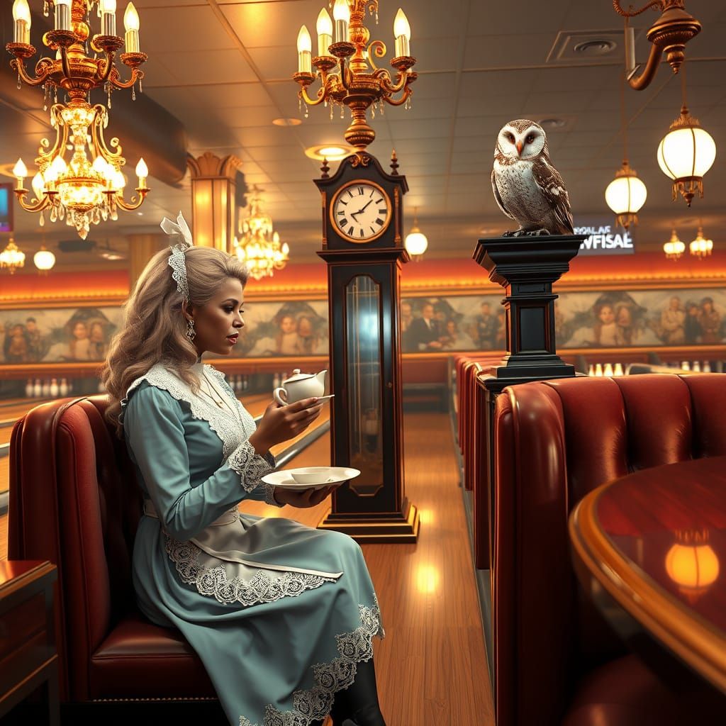 Surreal French Maid Serves Tea in Retro Bowling Alley