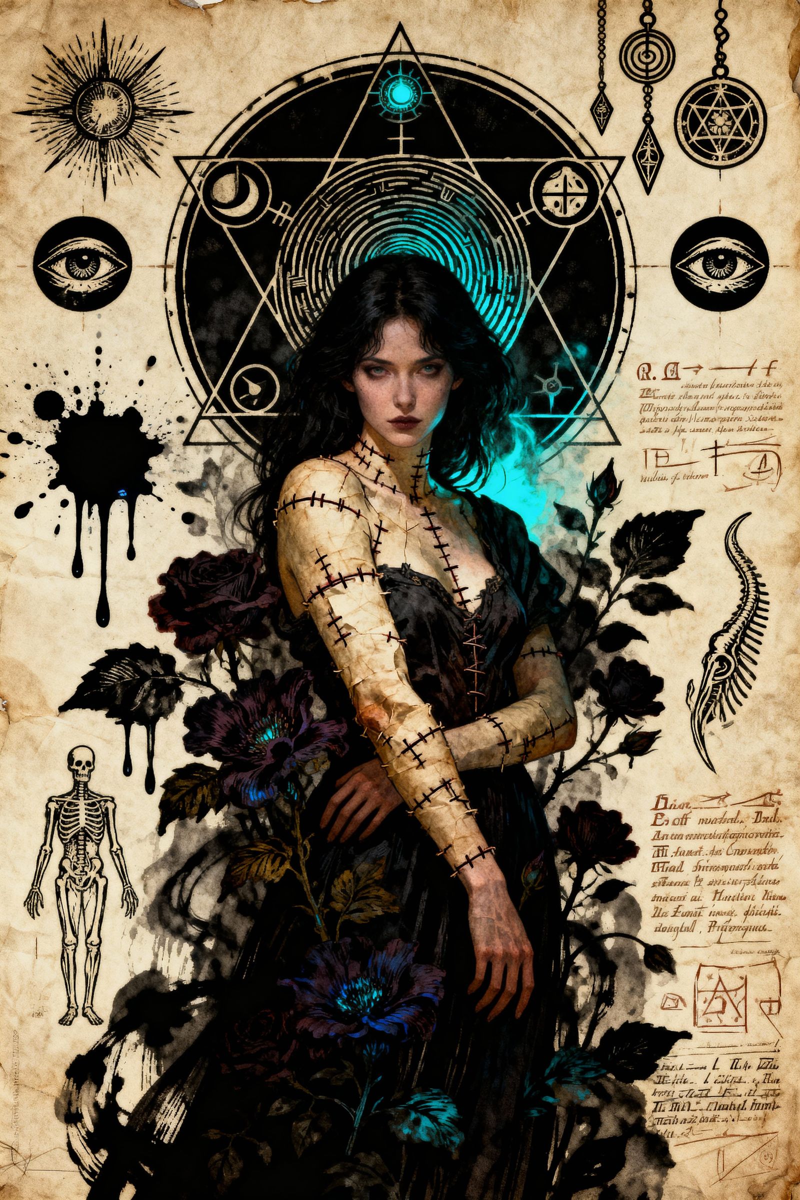 Mysterious Woman with Stitched Skin & Gothic Symbols