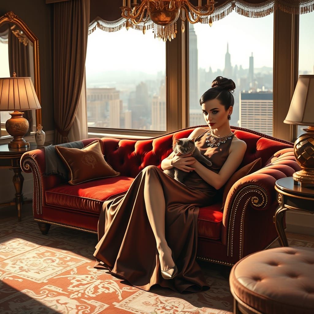 Elegant Audrey Hepburn with Cat in Luxurious New York Apartm...