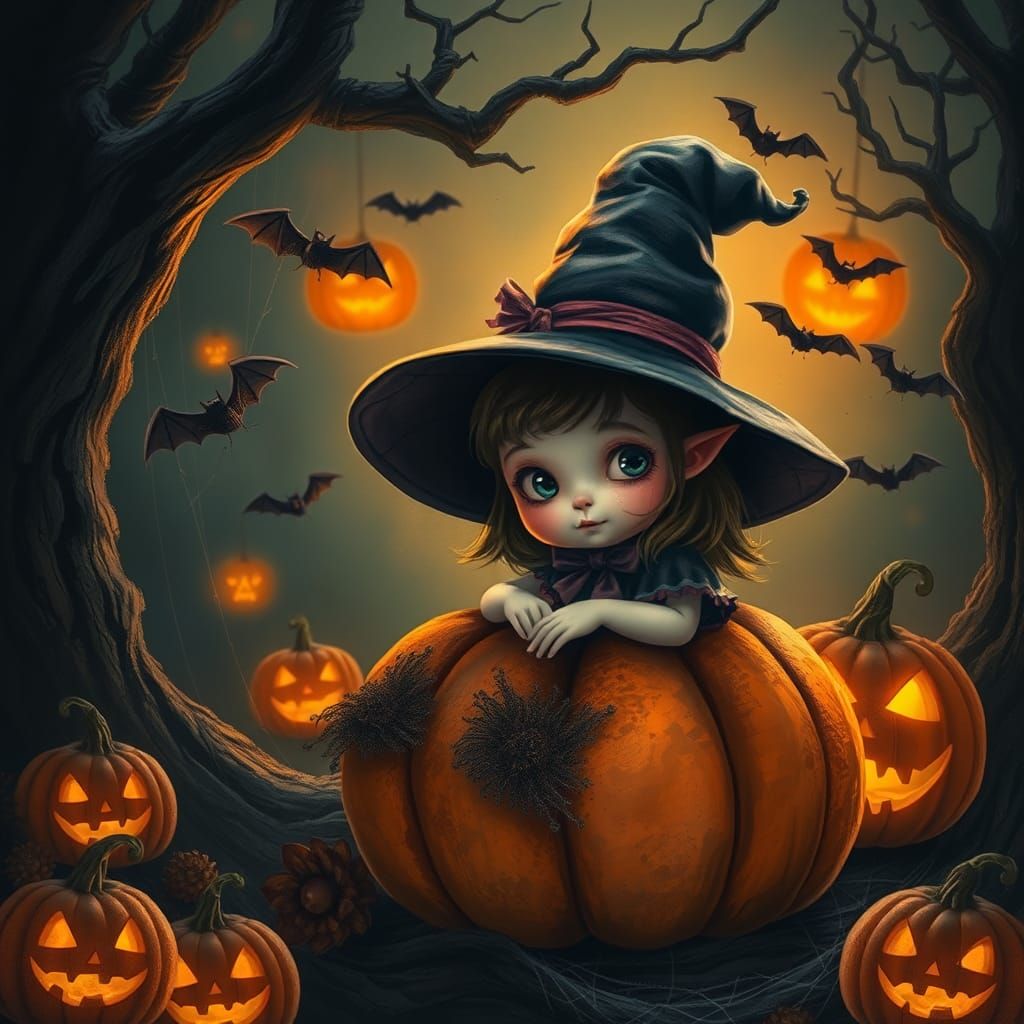 Halloween Witch in Spooky Whimsical Dark Fantasy Scene