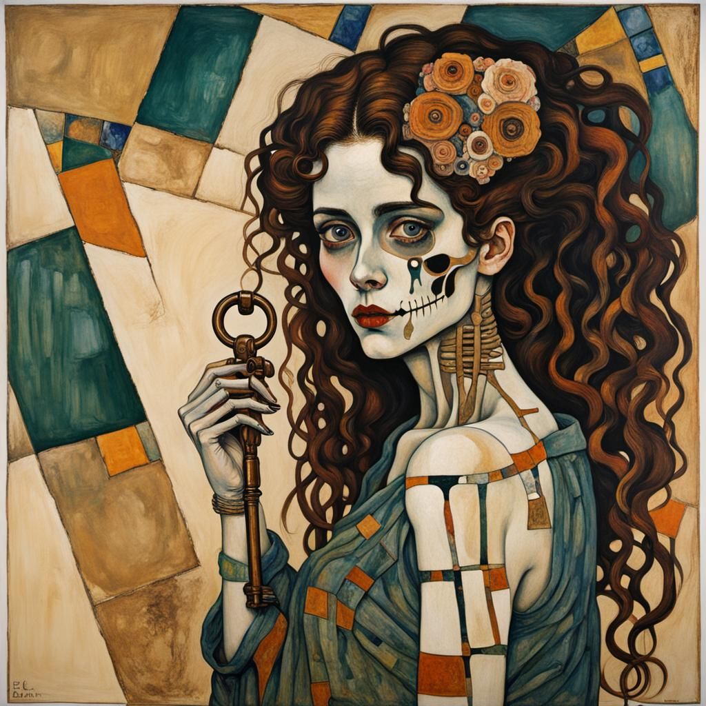 Woman with Skeleton Key in Expressionist Style