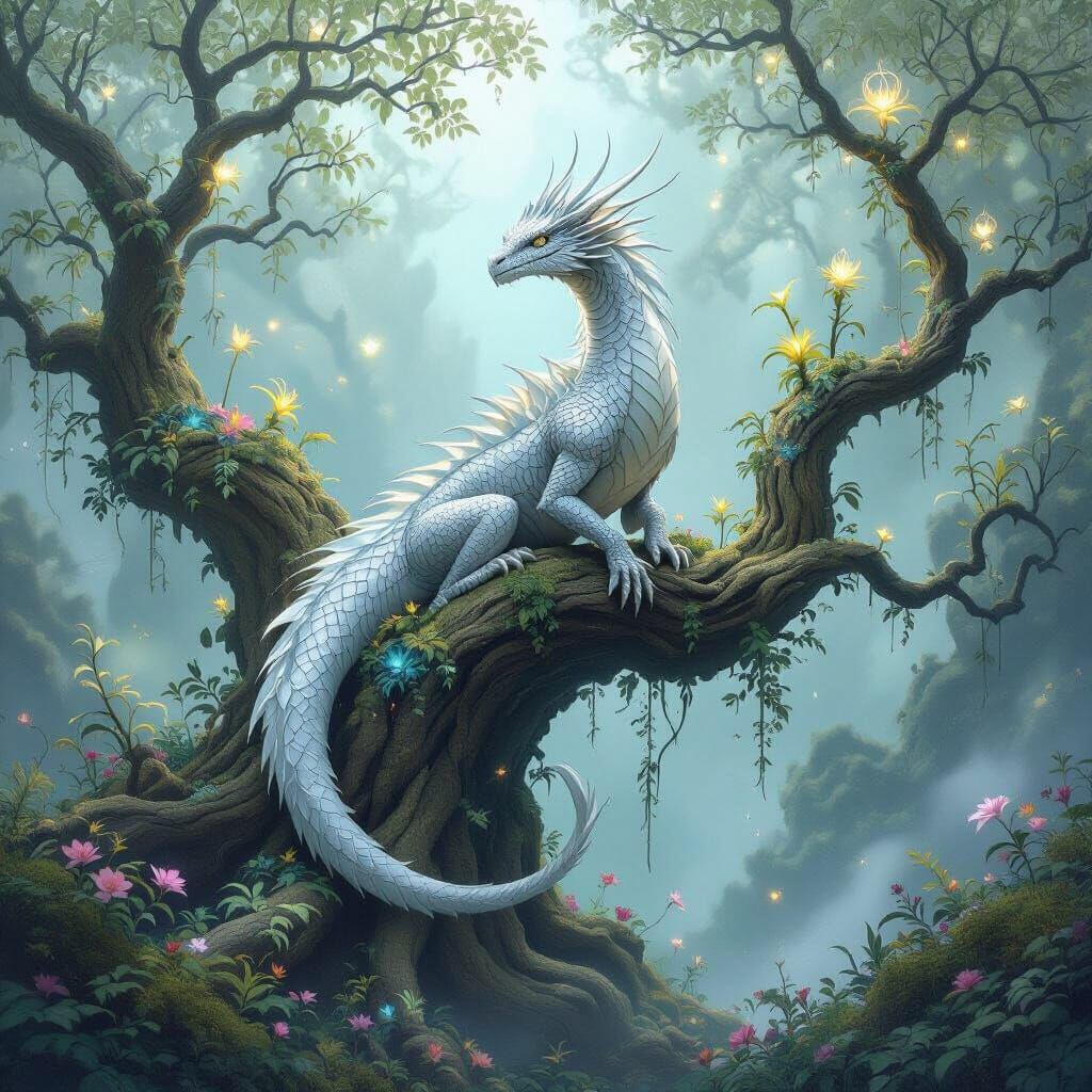 Silver Dragon in Mystical Grove, Ethereal Art