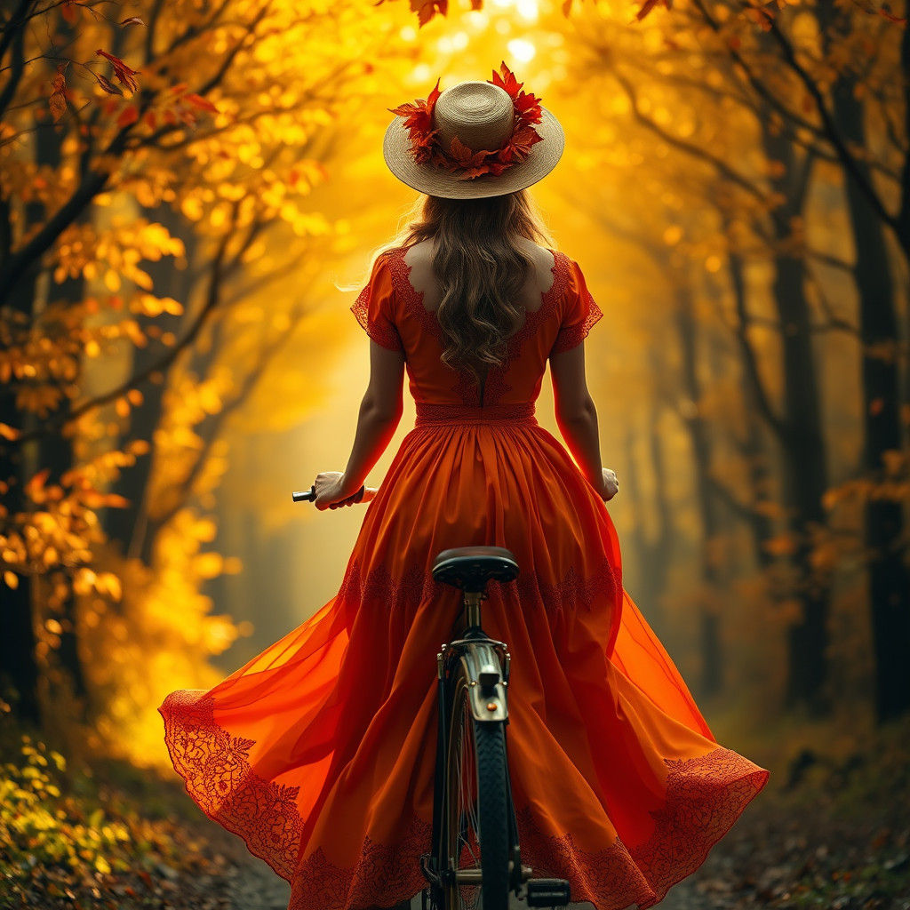 Autumn Woman on Bicycle in Mystical Forest