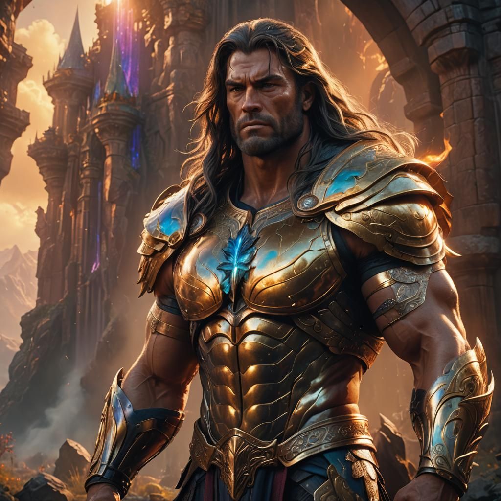 Majestic Warrior in Golden Light: Fantasy Concept Art