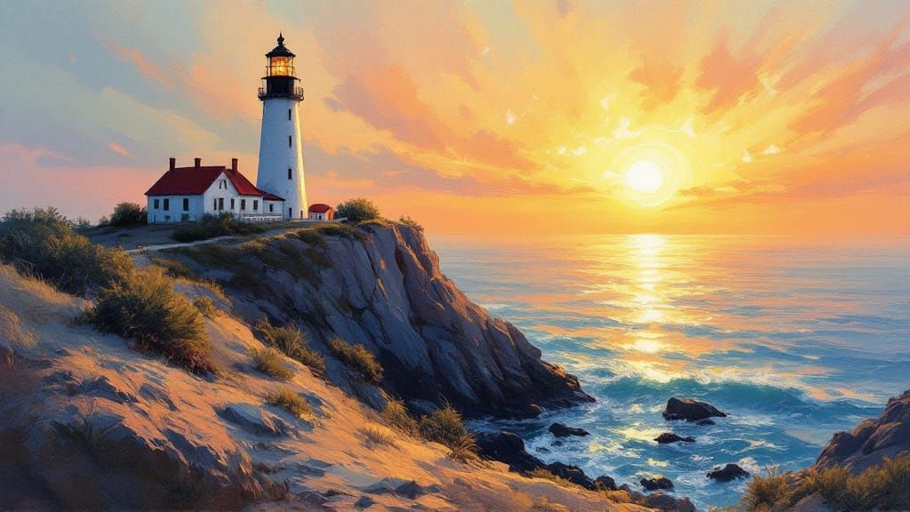 Golden Lighthouse in Impressionist Sunset