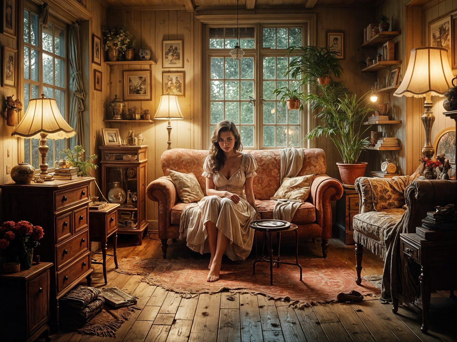 Ominous 1950s House Interior in Ink Illustration Style