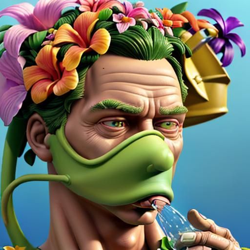 Surreal Man Hydrating Tropical Flowers, Claymation Style