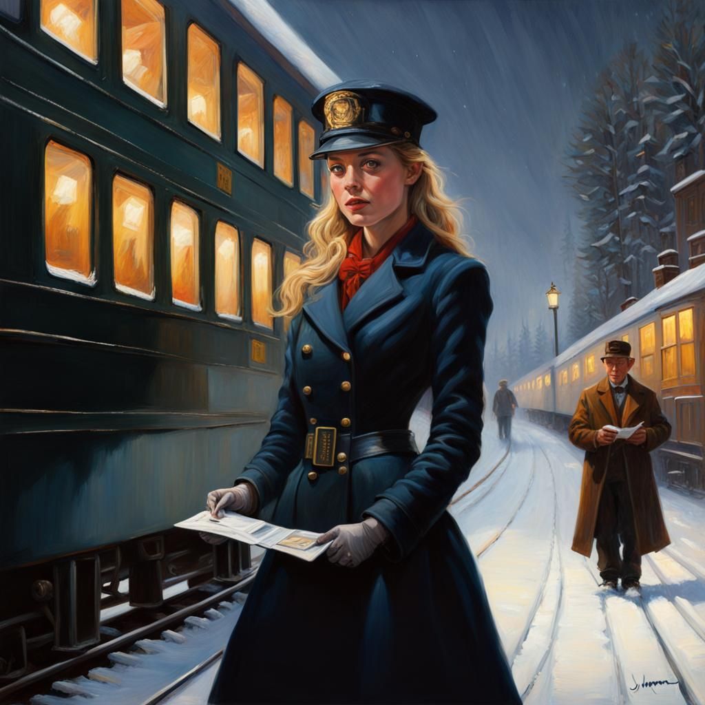 Train Conductor on a Snowy Night: Gurney-style Oil Painting