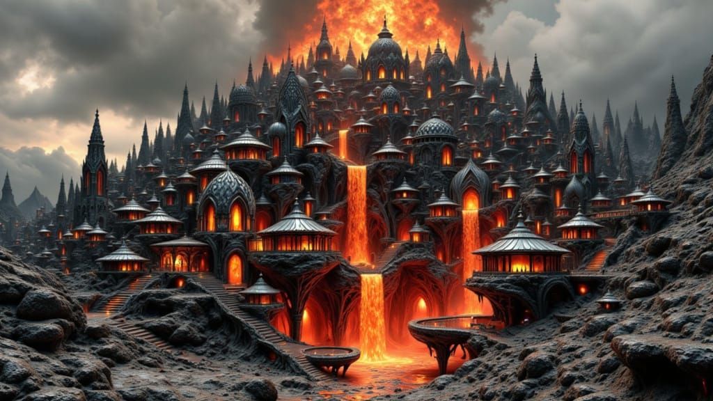 Lava Temple City Cascading Down Volcano