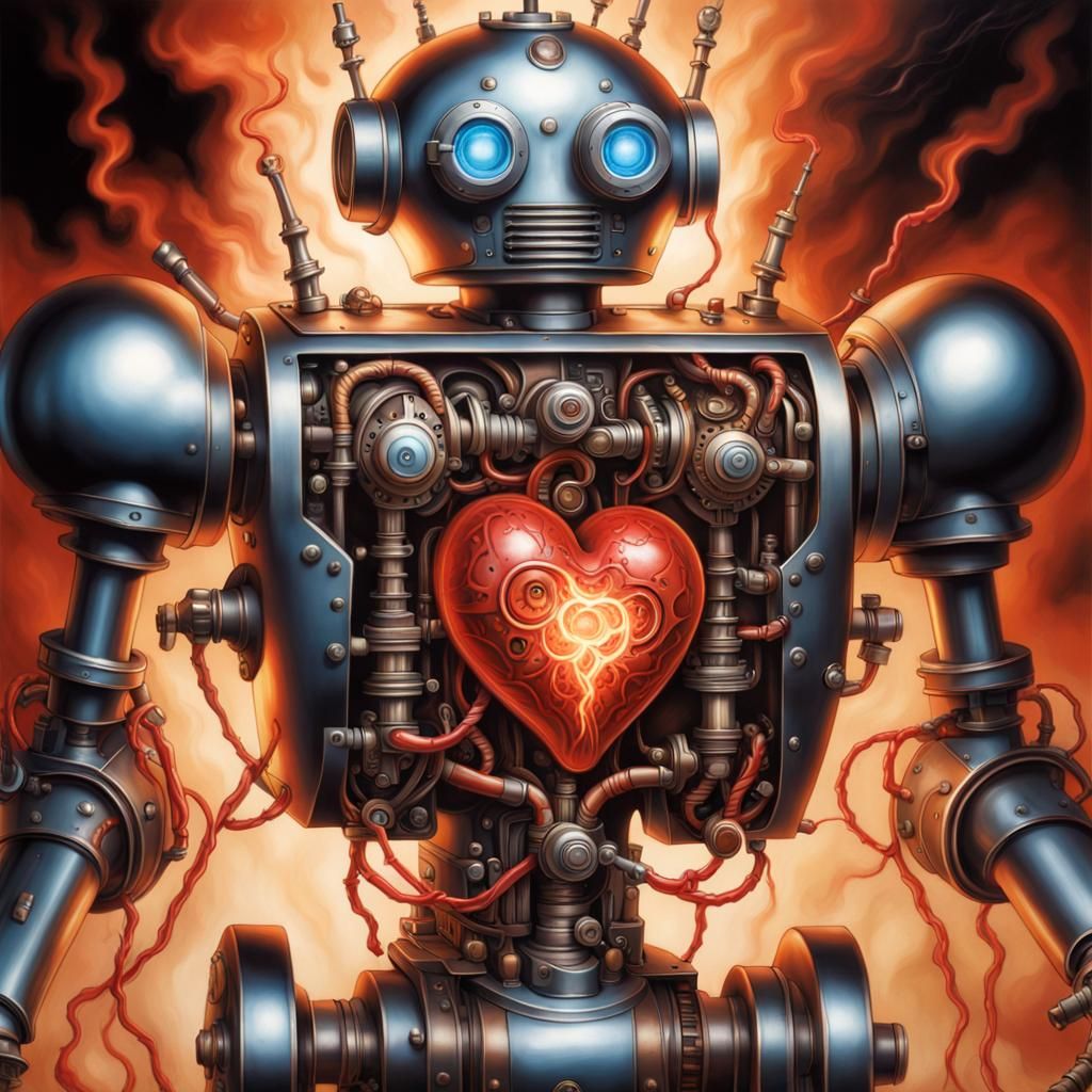 Steampunk Robot with Steam-Powered Heart Airbrush Painting