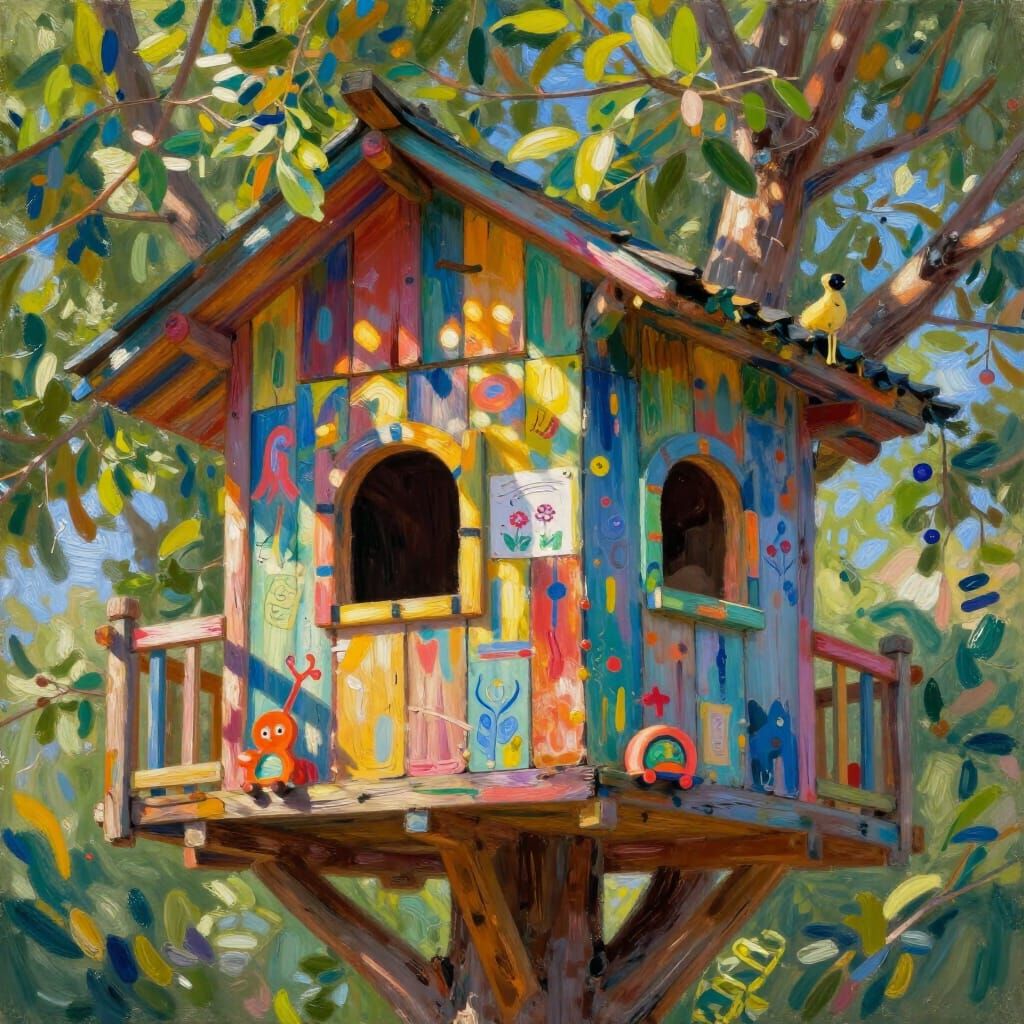 Whimsical Children's Treehouse in Vibrant Folk Art Style