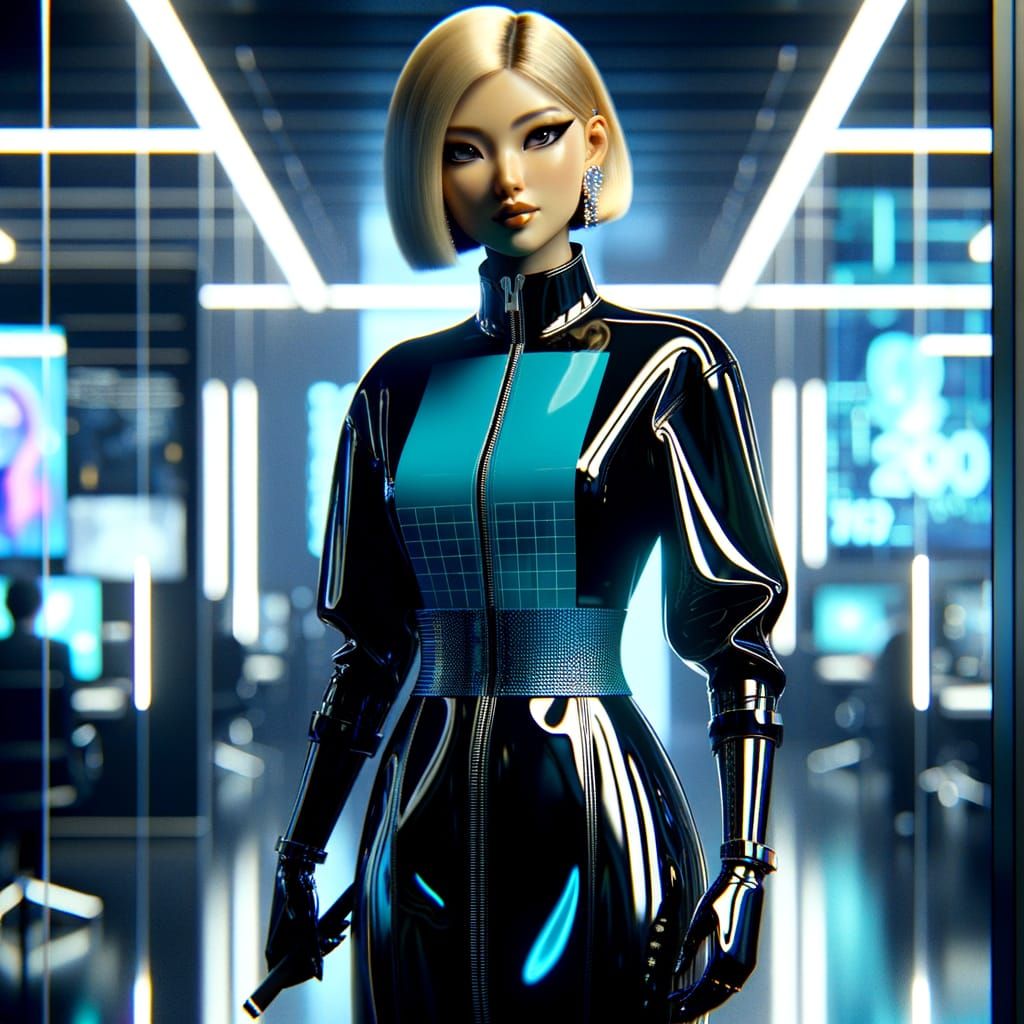 Confident Digital Character in Neon Lit Workspace