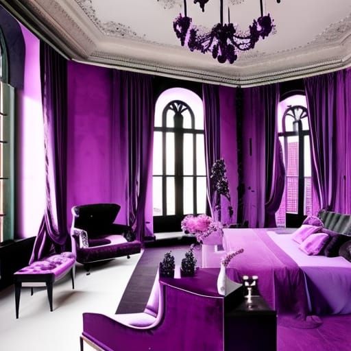 Beautiful gothic penthouse with beautiful purple walls with black accents& huge Gothic windows with Beautiful view outsi...