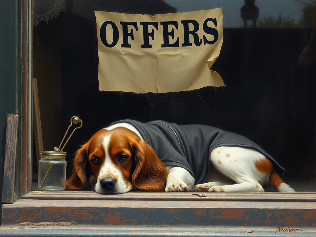 Dejected Spaniel Behind a Dusty Shop Window