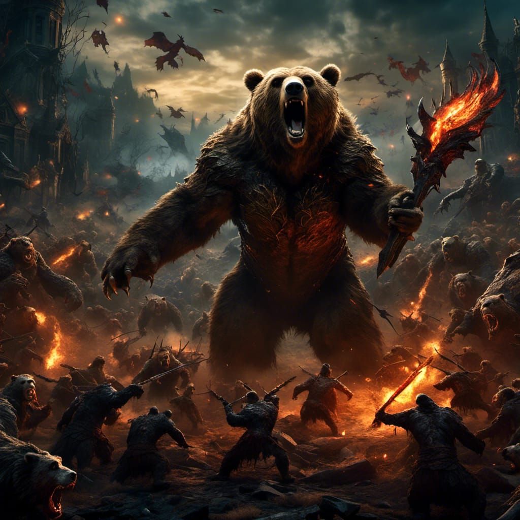 Teddy Bear Army vs Zombie Horde in Fantasy Landscape