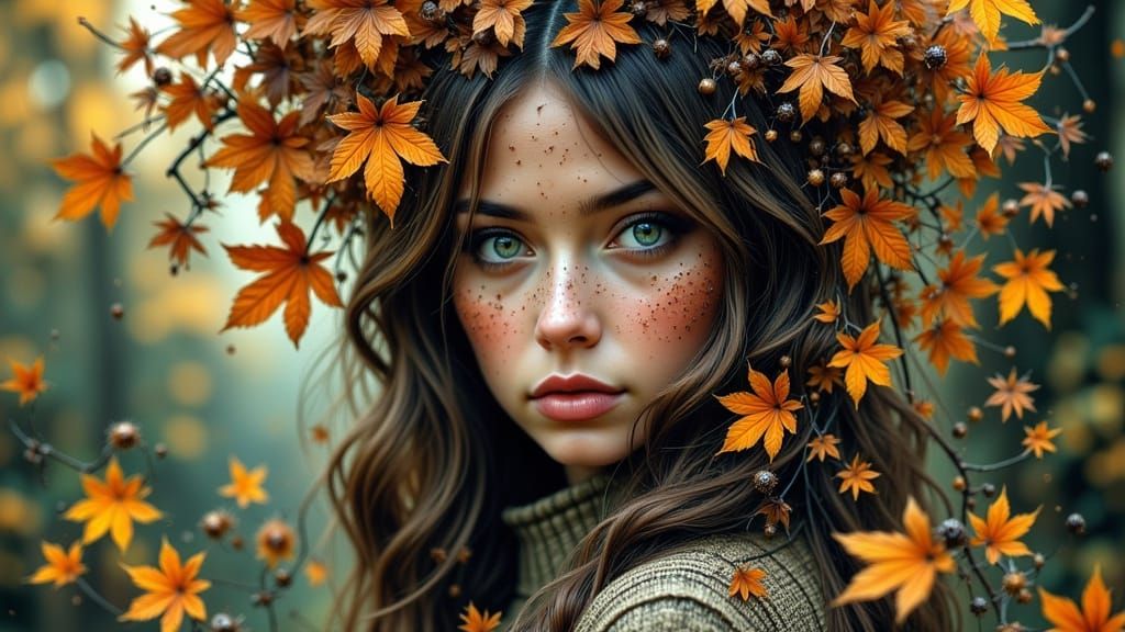 Autumn Double Exposure: Woman Merged with Nature