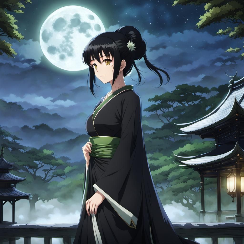 Magical Priestess Gazing at the Moon in Anime Style
